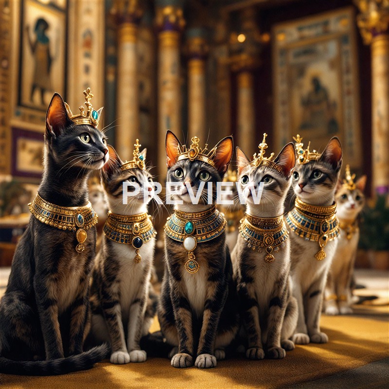 A group of six cats dressed as Egyptian pharaohs, wearing elaborate gold jewelry and crowns, sitting in a grand, ornately decorated room with hieroglyphic-like murals in the background.